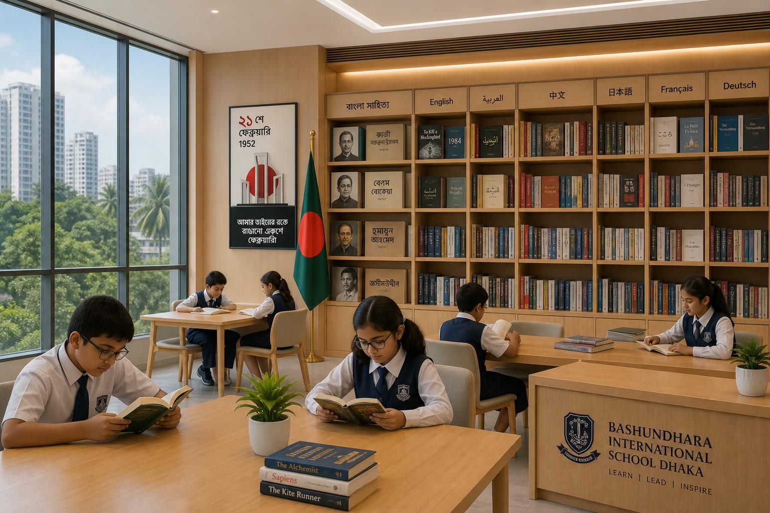 Bright library with floor-to-ceiling windows
